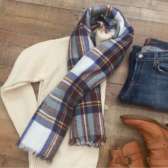 Soft Plaid Scarf in White, Blues, Teal, Burgundy - Picture 5 of 11